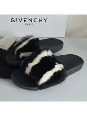 GIVENCHY | black and white mink fur flat slide sandals sz 40